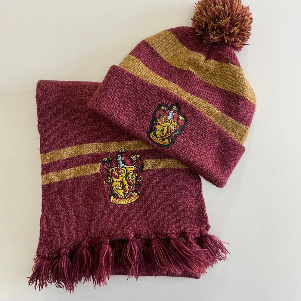 Harry Potter Maroon and Gold Striped Knit Scarf & Pom Beanie Set, Gryffindor